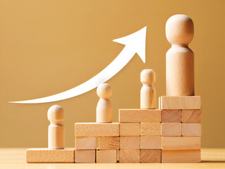 Wooden figures ascending steps with upward arrow growth