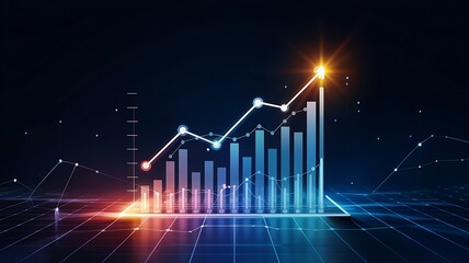 Futuristic glowing bar chart with upward trending line graph symbolizing financial growth and technological advancement on a dark background
