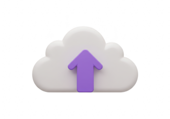 3d white cloud with a purple upward arrow, representing upload or data transmission, isolated on transparent background