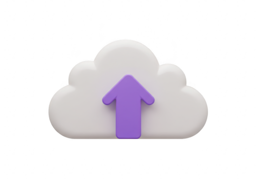 3d white cloud with a purple upward arrow, representing upload or data transmission, isolated on transparent background