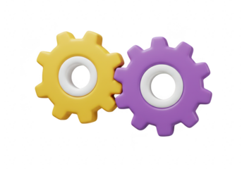 Two interlocking gears, one yellow and one purple, isolated on transparent background