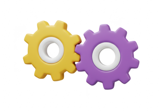 Two interlocking gears, one yellow and one purple, isolated on transparent background