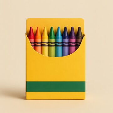 A bright yellow box of assorted colored crayons neatly arranged and standing upright against a soft neutral background