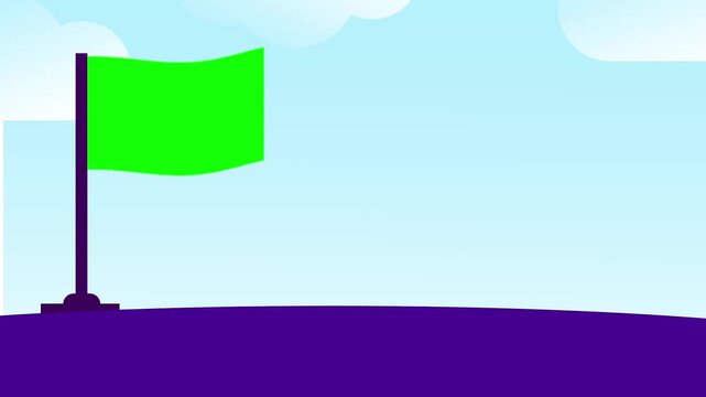 A solitary green flag stands tall in an empty, open purple field, representing endurance and perseverance against an endless horizon