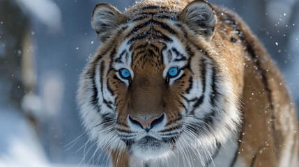 A clean and professional visual presentation dramatic encounter: siberian and bengal tigers in a snowy landscape, displaying intense gazes.