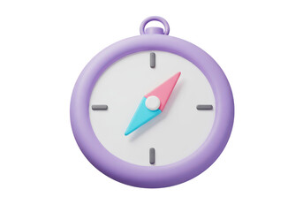 A cute 3d purple compass with a loop on top, featuring a pink and blue needle, isolated on transparent background