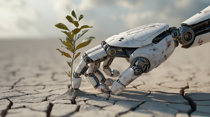 A high-quality image portraying dystopian resilience: aeolian sand sculptures in a parched landscape – a robot toy stands defiant amongst debris

or

drought-stricken landscape: persisting aeolian.