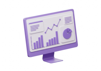 3d illustration of a computer monitor displaying financial data with upward trending graphs and a pie chart, isolated on transparent background