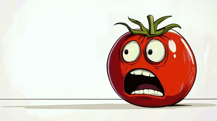 cartoon tomato with terrified expression isolated on white background. Big eyes and an open mouth show its fear.