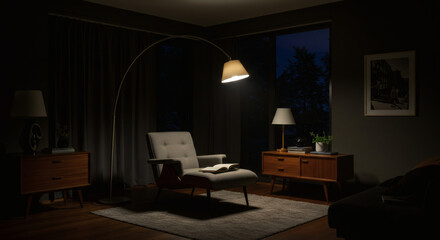 Mid-century modern living room at night, moody lighting, a stylish arc floor lamp illuminates a reading chair, the room is dark with pools of light, sophisticated and calm