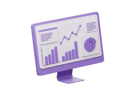 3d illustration of a computer monitor displaying financial data with upward trending graphs and a pie chart, isolated on transparent background