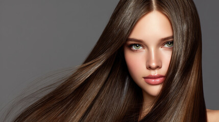 Fototapeta premium Close up portrait of young woman with long, shiny hair and striking green eyes. Her smooth skin and natural makeup enhance her beauty, creating elegant and captivating appearance