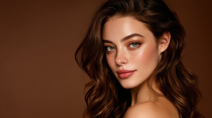 Fototapeta premium Beautiful young woman with long, wavy brown hair and striking green eyes poses against warm brown background, exuding confidence and charm. Her flawless skin and natural makeup enhance her