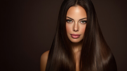 Fototapeta premium Stunning portrait of woman with long, sleek hair, showcasing flawless complexion and captivating eyes. soft lighting enhances her features, creating elegant and sophisticated look