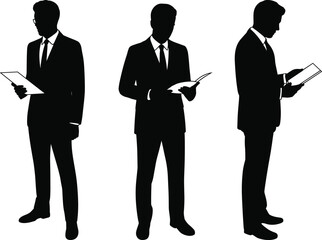 Businessman silhouette set, standing pose, reading document, black vector illustration, corporate professional, office attire, formal posture, tablet user, executive stance.