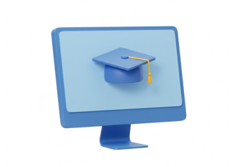 3d render of a computer monitor displaying a graduation cap, symbolizing online education and academic achievement, isolated on transparent background