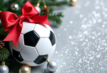 Fototapeta premium Soccer ball as a gift with a red bow on a festive, Christmas background