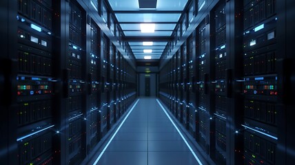 Expansive futuristic dark server room corridor with glowing blue lights and rows of data racks creating a sense of advanced technology