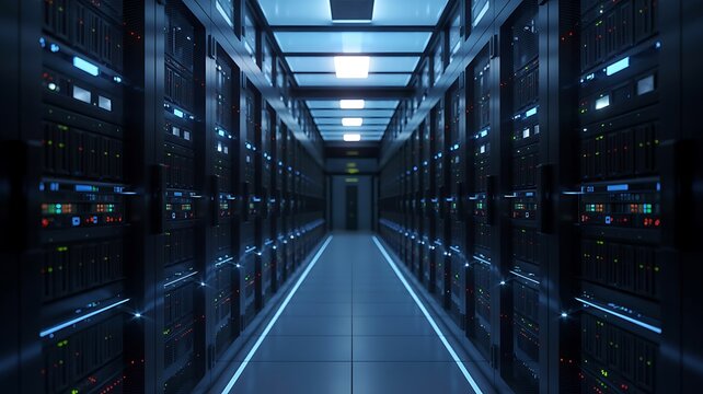 Expansive futuristic dark server room corridor with glowing blue lights and rows of data racks creating a sense of advanced technology