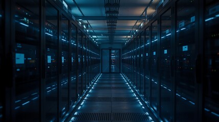 Futuristic dark server room corridor with glowing blue lights and rows of computer racks creating a sci fi atmosphere