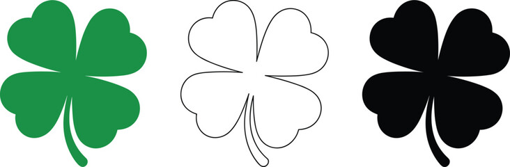 Four leaf clover, shamrock symbol in green black white, lucky charm icon for St Patrick’s Day design