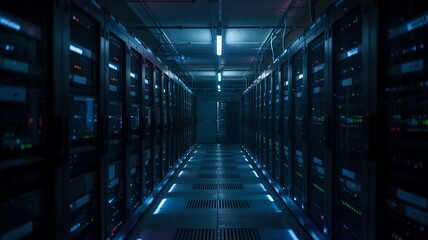 Illuminated server room aisle with rows of glowing blue lights and racks of computer equipment creating a futuristic data center environment