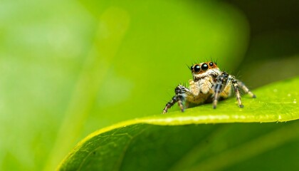 A tiny jumping spider, adorned with intricate patterns, rests delicately on a vibrant green leaf, showcasing the beauty of nature's details.