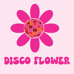 Retro colorful Disco ball inside pink flower vector illustration. For T shirt, stickers and retro posters.