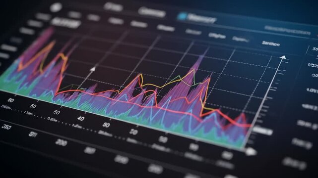 Close up of a dark screen displaying a colorful graph with an upward trending white arrow line
