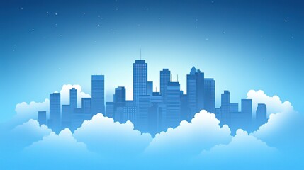 Obraz premium Cityscape Silhouette Above Clouds with Star - filled Sky in Blue Tones 