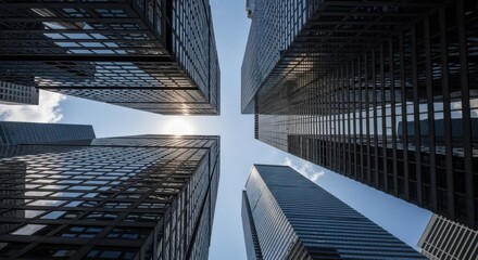 Looking up at towering modern office buildings from a low angle