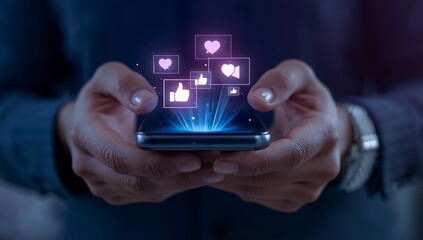 Person holding smartphone with glowing social media icons floating above