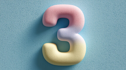 a single Colorful pastel 3D number "3" on a pale blue background, foam-like texture, soft childlike lighting