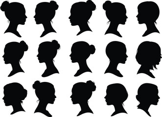 Stylish vector illustration set showcasing female head silhouettes with various hairstyles, perfect for beauty, fashion, and profile-themed design projects, portrait art.