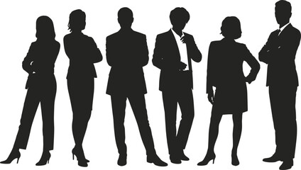 Business people silhouette set, professional pose, formal attire, confident posture, black vector illustration, corporate team, leadership concept, office scene.