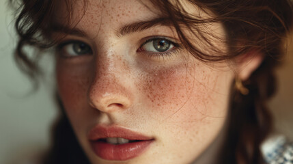 Close up portrait of young woman with freckles, showcasing her expressive eyes and natural beauty. soft lighting highlights her features, creating intimate and captivating atmosphere