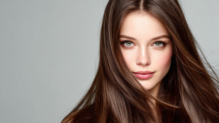 Naklejka premium Close up portrait of young woman with long, flowing hair and striking green eyes. Her smooth skin and natural makeup enhance her beauty, creating captivating and serene expression