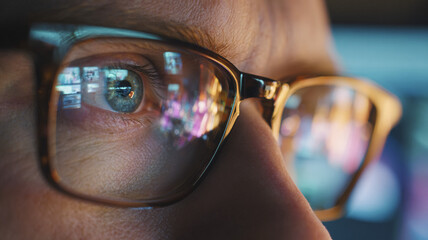 Close-up of a man&rsquo;s eyes behind glasses with screen reflections &mdash; attentive gaze and digital focus.