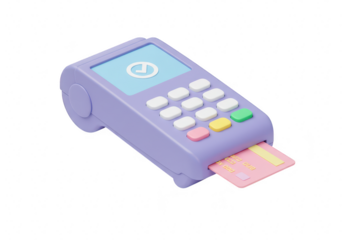 Purple payment terminal with a credit card inserted, isolated on transparent background