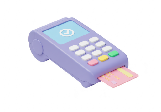 Purple payment terminal with a credit card inserted, isolated on transparent background