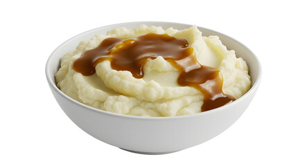 Bowl of mashed potatoes topped with gravy on transparent background