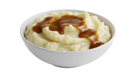 Bowl of mashed potatoes topped with gravy on transparent background