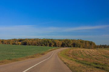 Fototapeta premium Autumn landscape and sunny evening, orange road and highway, asphalt and roadside.