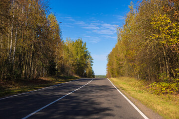 Autumn landscape and sunny evening, orange road and highway, asphalt and roadside.