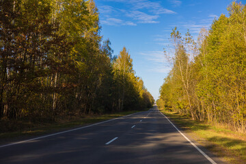 Autumn landscape and sunny evening, orange road and highway, asphalt and roadside.