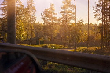 Autumn landscape and sunny evening, orange road and highway, asphalt and roadside.