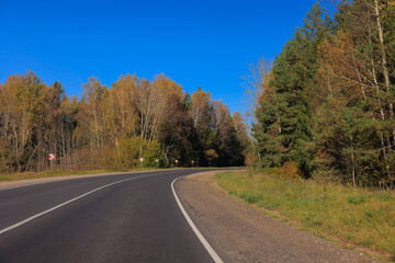 Autumn landscape and sunny evening, orange road and highway, asphalt and roadside.
