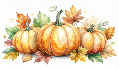 Watercolor Pumpkins with Autumnal Leaves in a Festive Thanksgiving Still Life
