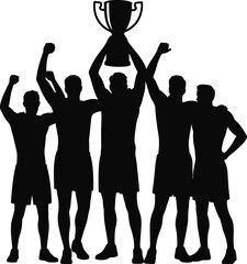 Winning team silhouette, trophy celebration, sports victory moment, black vector illustration, athlete group, teamwork success, champion pose, competition scene.