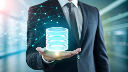 Businessman holding glowing digital data stack in futuristic technology network with light effects